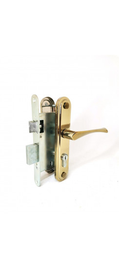 Замок Omega (Омега) врезной цилиндровый с защёлкой в комплекте с ручкой ЗВ7 (золото лак), 4 кл.